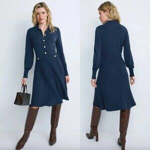 Aldomartins Mir Navy Knit Collared Midi Dress Long Sleeve Dark Blue Preppy XL